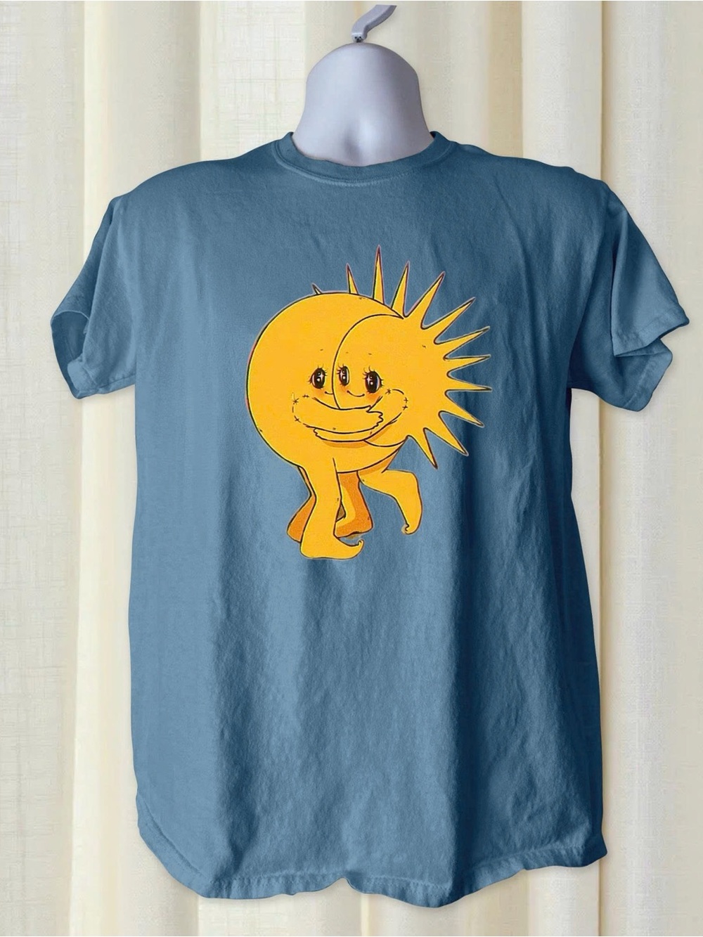Yellow Sun and Moon Celestial Graphic Gildan Blue Tshirt Women